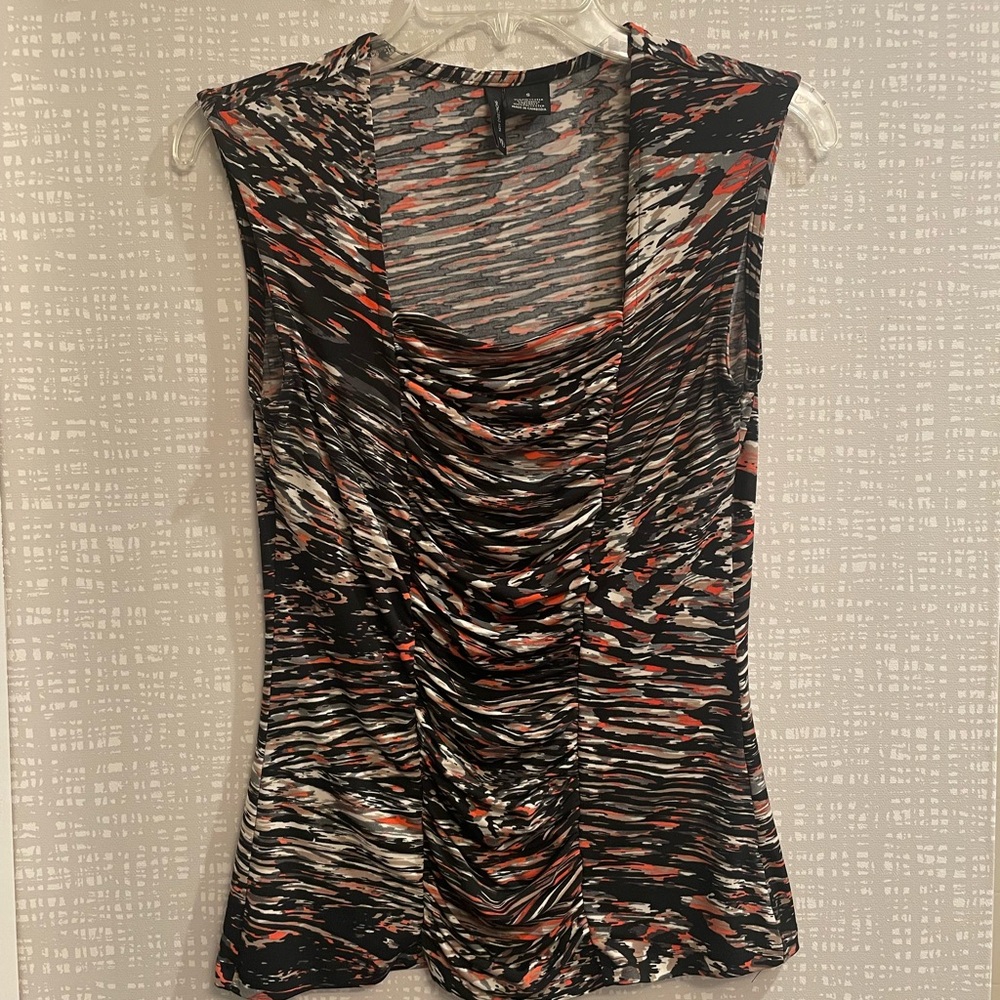 New Directions Abstract Print Top in Black,‎ Gray, Tan, and Orange, Size Small